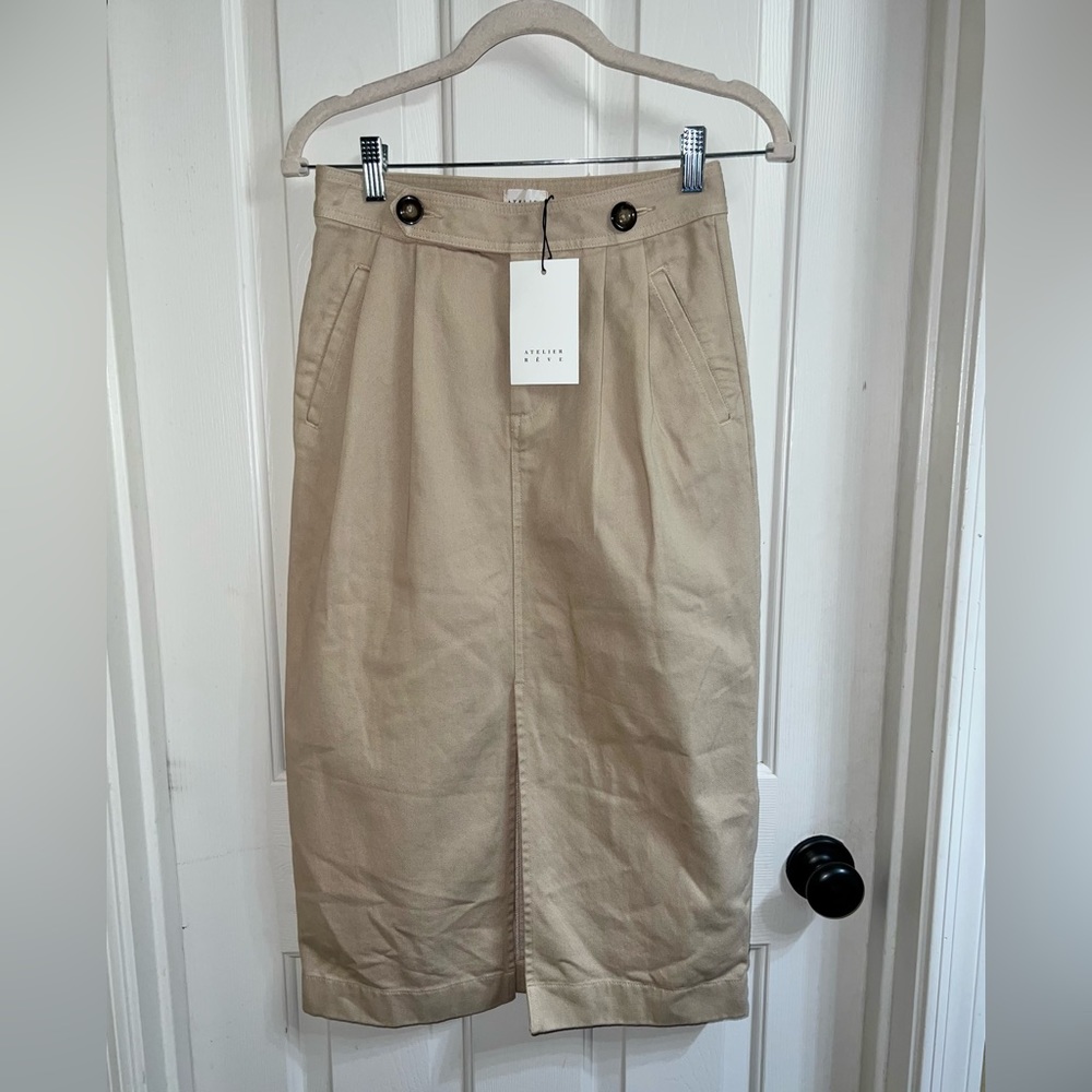 Atelier Rêve Khaki Midi Skirt Front Slit Size 6